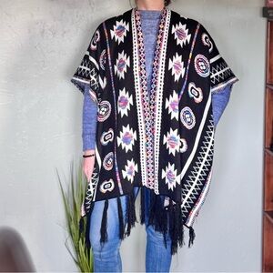 Boot Barn Black, White, & Multicolor Patterned Poncho with Fringe